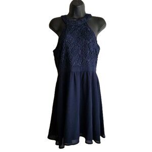 Lulus Lace Halter Dress Medium Navy Blue Crochet A Line Party Feminine